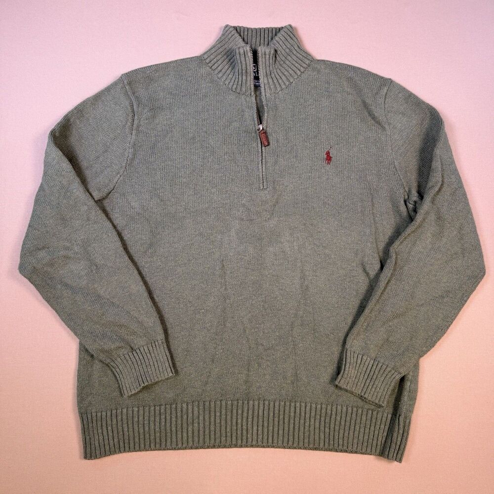 Polo Ralph Lauren Y2K Green 100% Cotton Estate Rib 1/4 Quarter Zip Sweater Sz L